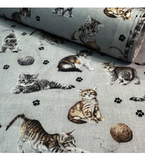 Bavlnená látka vzor čierne mini mačky na sv. šedom podklade, metráž 160 cm 