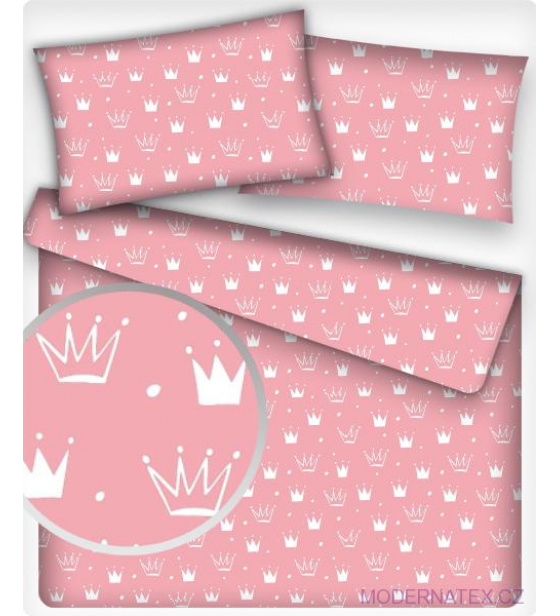 Dětská dekorační bavlněná látka vzor korunky bílé na růžovém