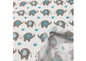 Tissu coton au métre couleur blanche eléphants et coeurs turquoise