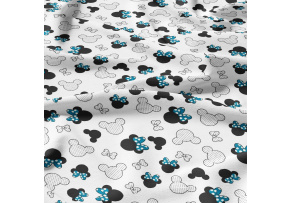 Bavlnená látka vzor miky a modré kokardy na bielom podklade, metráž 160 cm      