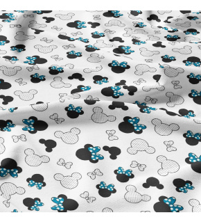 Bavlnená látka vzor miky a modré kokardy na bielom podklade, metráž 160 cm      