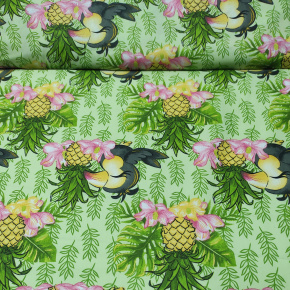 Bavlnená látka vzor papagáj a ananás, zelený podklad, metráž 160 cm      