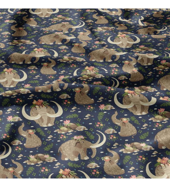  Bavlnená látka 443, vzor mamuti na granátovom podklade, metráž 150 cm    