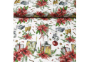 Vianočný vzor bavlnenej látky Lampa a Poháre na Bielom, metráž 160 cm