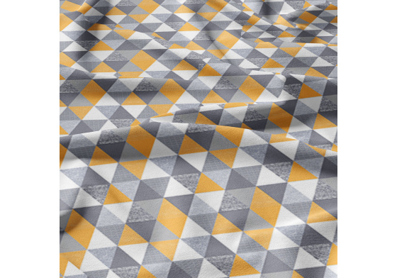 Bavlnená látka vzor trojuholníky žlté a hnedé 4 cm, metráž 160 cm