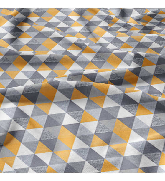 Bavlnená látka vzor trojuholníky žlté a hnedé 4 cm, metráž 160 cm