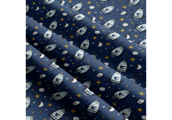 Detská bavlnená látka vzor raketa 675, farba svetlo-modrá, metráž 160 cm 