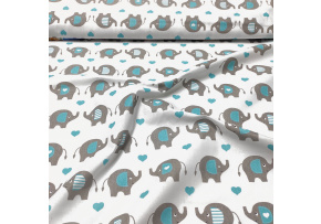 Bavlnená látka vzor šedé slony so srdiečkami, farba tyrkys 1, metráž 160 cm    