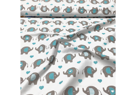 Dekorační bavlněná látka, metráž, Sloni se srdíčky Tyrkysové na Bílém