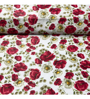 Bavlnené látky vzor Kvietky Mak na Bielom