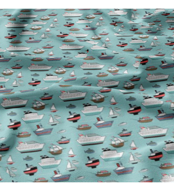 Bavlnená látka vzor lode, modrý podklad, metráž 160 cm 