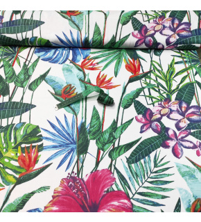 Bavlnená látka vzor kvetina Džungl'a Smaragdová, biely podklad, metráž 160 cm