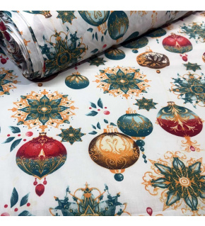 Vianočný vzor bavlnenej látky Vianočné Gule na Bielom, metráž 160 cm