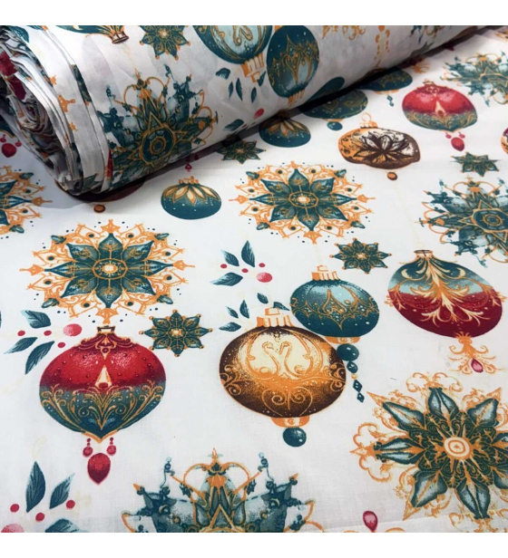 Vánoční bavlněná látka, metráž, šíře 160 cm, Vánoční Hračky na Bílém