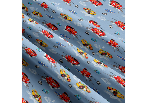 Bavlnená látka vzor auto sport, modrý podklad, metráž 160 cm 