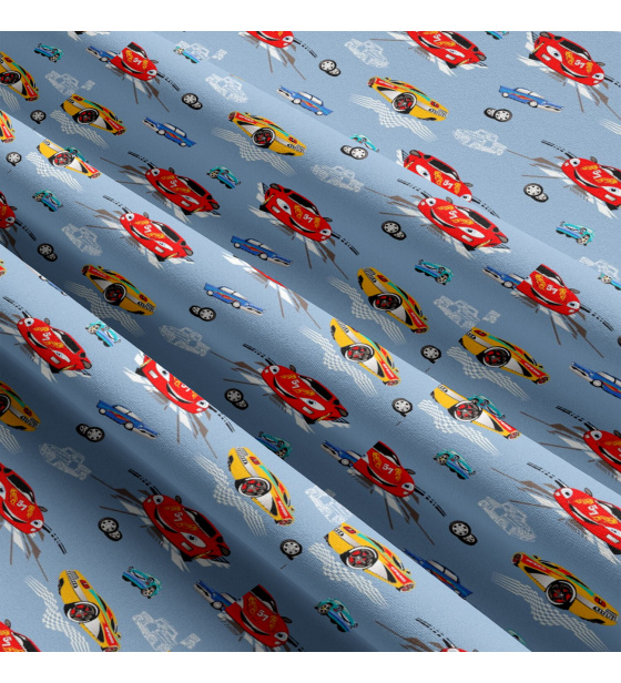 Bavlnená látka vzor auto sport, modrý podklad, metráž 160 cm 