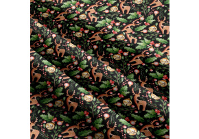 Vianočný vzor bavlnenej látky Jeleň v čiernom, metráž 160 cm