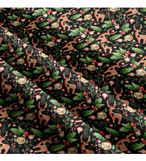 Vianočný vzor bavlnenej látky Jeleň v čiernom, metráž 160 cm