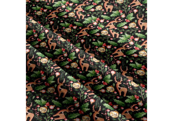 Vianočný vzor bavlnenej látky Jeleň v čiernom, metráž 160 cm