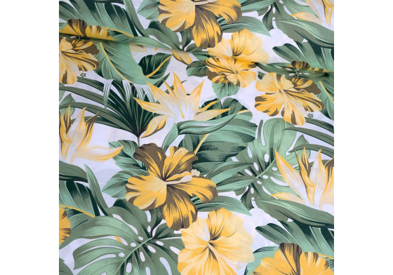 Dekorační bavlněná látka vzor Monstera zelená na bílém