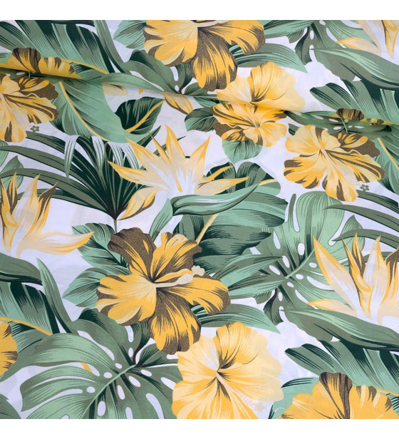 Dekorační bavlněná látka vzor Monstera zelená na bílém