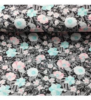 Bavlnená látka vzor kvetiny na čiernom podklade, metráž 160 cm 