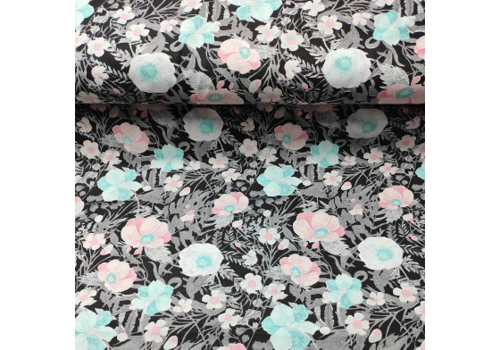 Dekorační dětská bavlněná látka vzor kytičky na černém