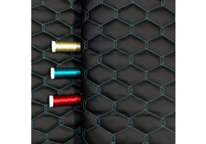 Ekokoža GEO farba černa prešívaná tyrkysovou niťou, metráž 145 cm