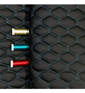 Ekokoža GEO farba černa prešívaná tyrkysovou niťou, metráž 145 cm