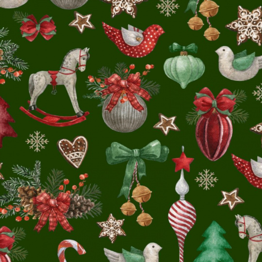 Vianočný vzor bavlnenej látky Kone na zelenom, metráž 160 cm 