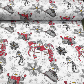 Vianočný vzor bavlnenej látky Snehuliaci Červení na bielom, metráž 160 cm