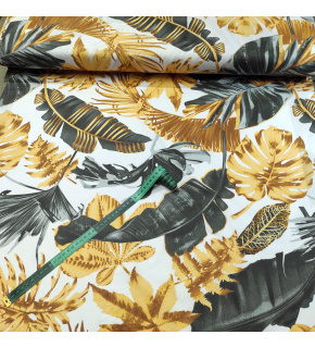 Bavlnená látka vzor kvetina Monstera Grafitová, biely podklad, metráž 160 cm
