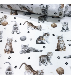 Bavlněné látky vzor Kočky a klubko na bílém