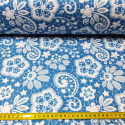 Tkanina bawełniana wzór białe koronki na niebieskim tle