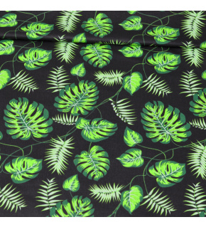 Bavlnená látka vzor kvetina palma zelená, čierny podklad, metráž 160 cm      