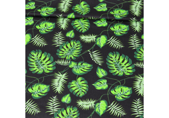 Dekorační dětská bavlněná látka vzor Palma zelená na černém