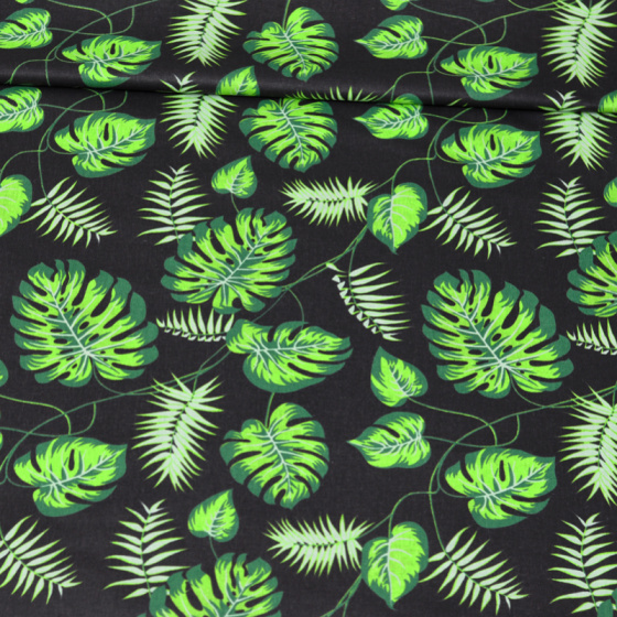 Dekorační dětská bavlněná látka vzor Palma zelená na černém
