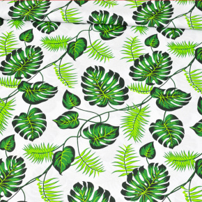 Bavlnená látka vzor kvetina palma zelená, biely podklad, metráž 160 cm        