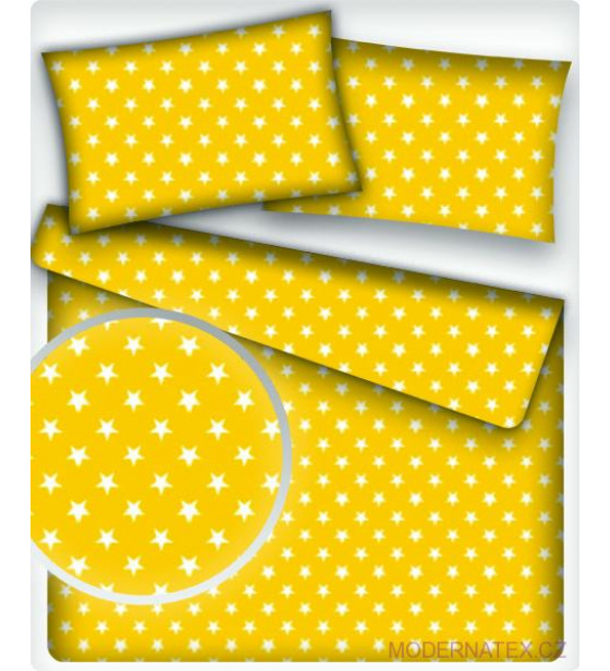 Dětská dekorační bavlněná látka vzor hvězdy bílé na žlutém 