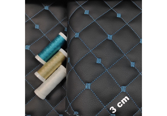 Ekokůže MIX 3x3 cm barva Černá prošívaná Tyrkysovými nitěmi 1,45 m x 0,82 m
