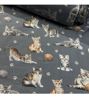 Bavlnená látka vzor čierne mini mačky na šedom podklade, metráž 160 cm 