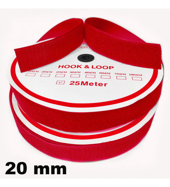 Pásik so suchým zipsom, set háčika a slučky, farba Červená 20 mm, balenie 25 m