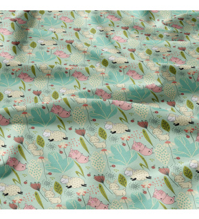  Bavlnená látka 124, vzor ovečky na mentolovom podklade, metráž 160 cm 
