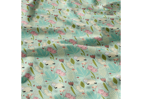  Bavlnená látka 124, vzor ovečky na mentolovom podklade, metráž 160 cm 