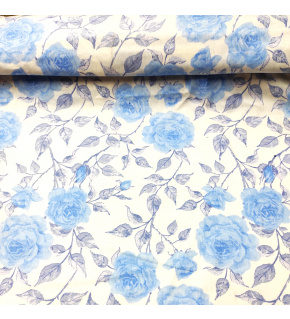 Bavlnená látka vzor kvetiny, modrá ruža na bielom podklade, metráž 160 cm         