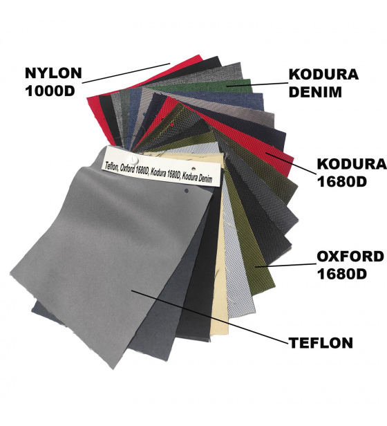 Vzorkovník vodeodolných látok Teflon, Nylon 1000D, Oxford 1680d, Kodura 1680D, Kodura Denim