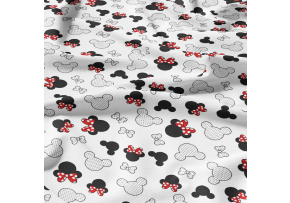 Bavlnená látka, vzor miky a červoné kokardy na bielom podklade, metráž 160 cm 
