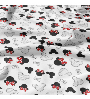 Bavlnená látka, vzor miky a červoné kokardy na bielom podklade, metráž 160 cm 