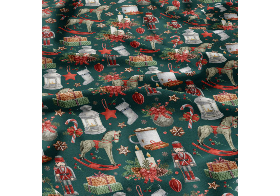 Vianočný vzor bavlnenej látky Vianočné Motív na Zelenom, metráž 160 cm