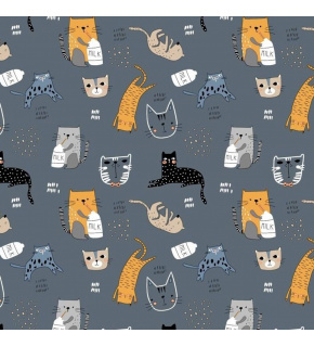 Bavlnená látka, vzor mačky milk na Grafitovom podklade, metráž 160 cm 